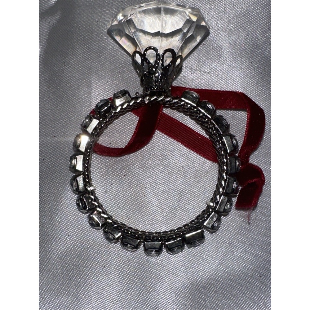 Oversized Faux Diamond Ring Ornament Silver Tone Crystal Accents Red‎ Decor
